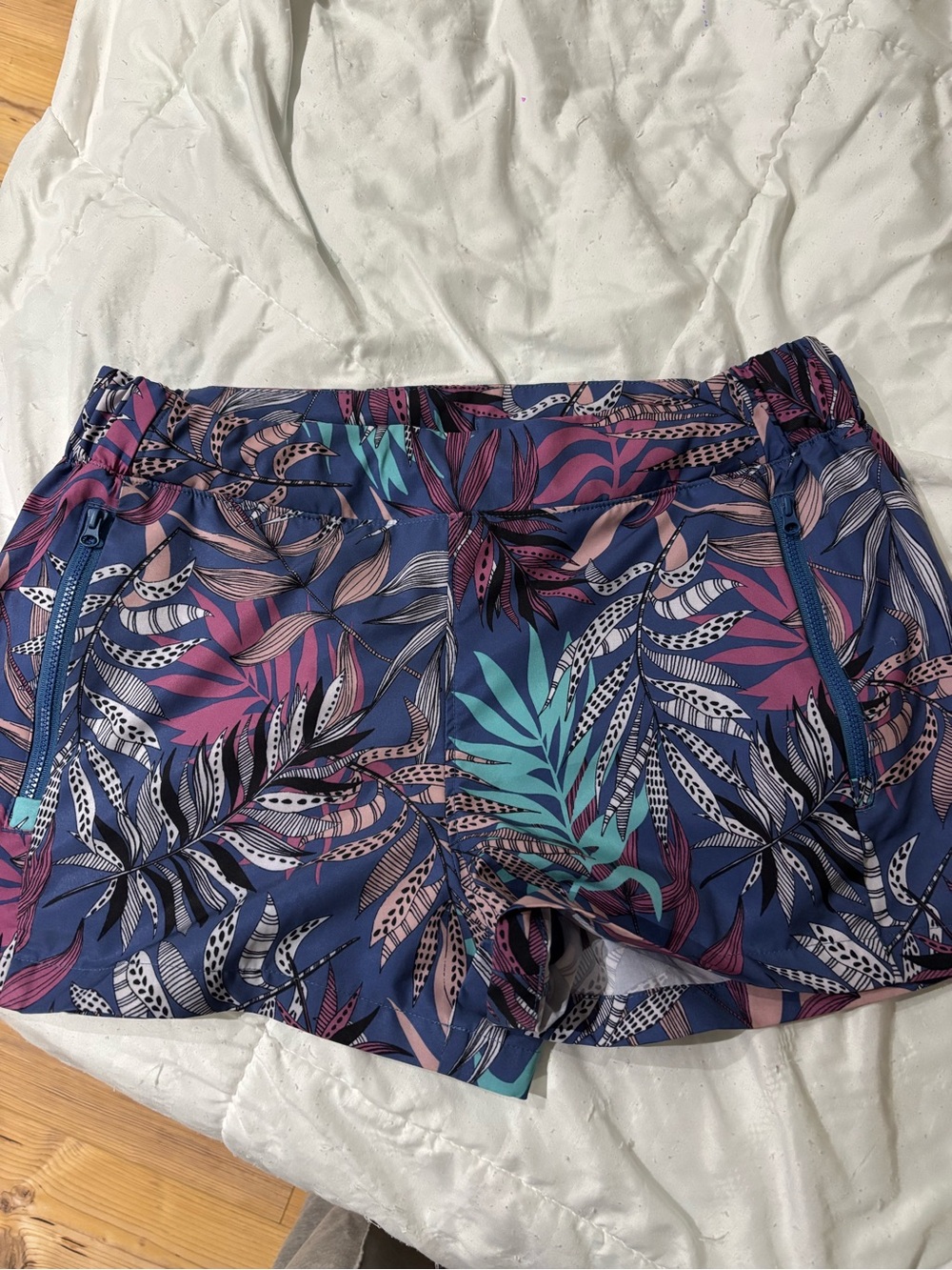 Reel Legends Blue Tropical-Print Athletic Shorts with Pink & Teal Leaves